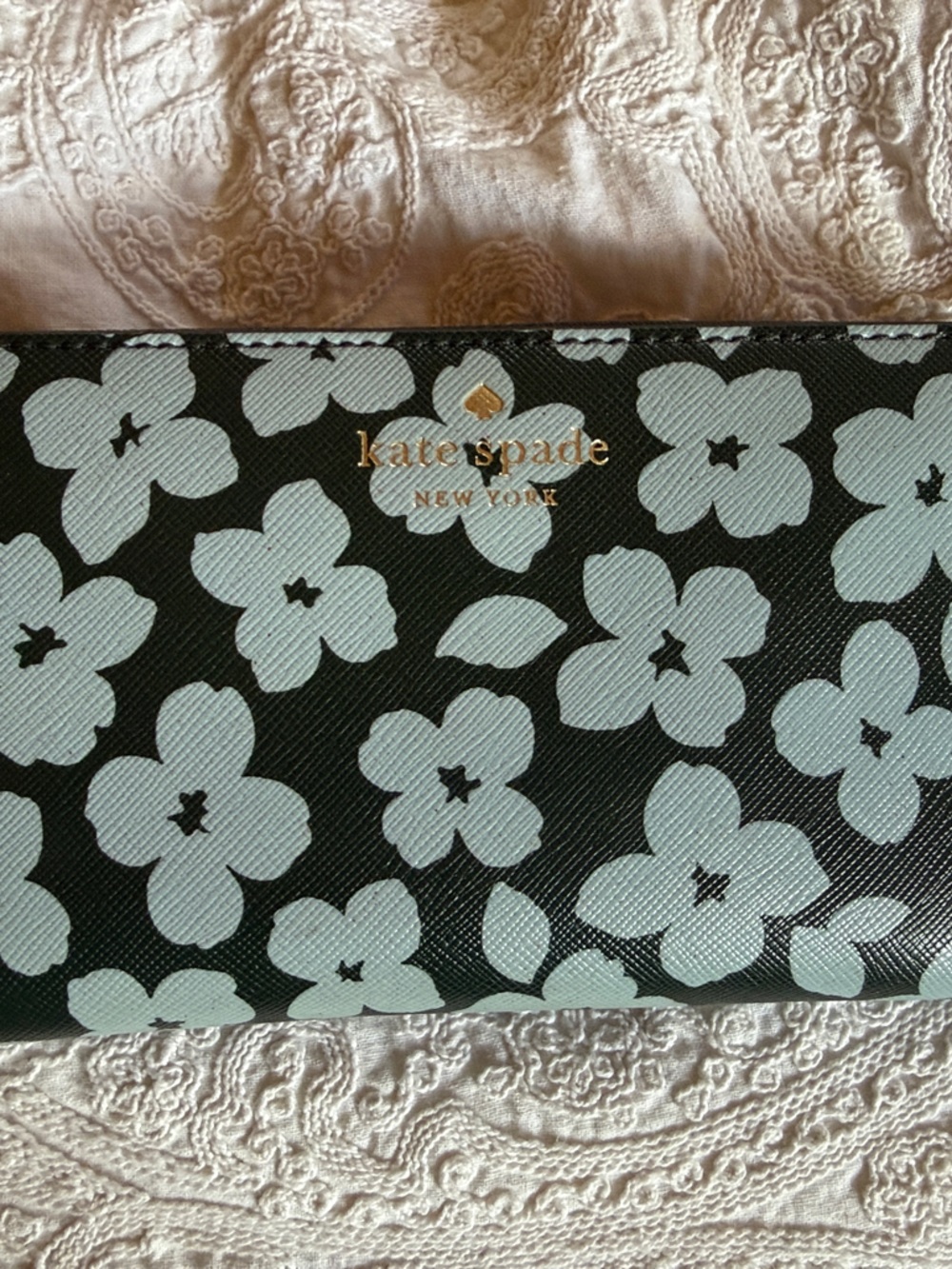 kate spade ZIP Black Wallet with Light Blue Floral Print and Gold Logo